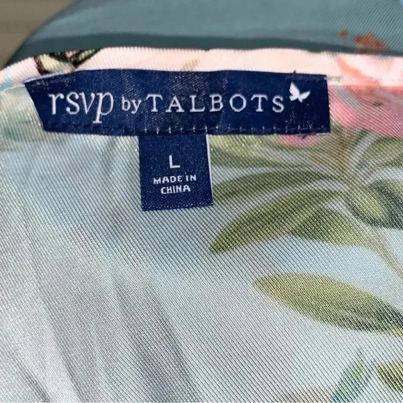 RSVP by Talbots Blouse Aqua Tropical Jungle Print L Flutter Sleeve Floral Monkey - Picture 7 of 9